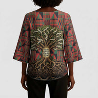 Black Heritage Tree Kimono Sleeve Blouse African Root Black History Kente Pattern