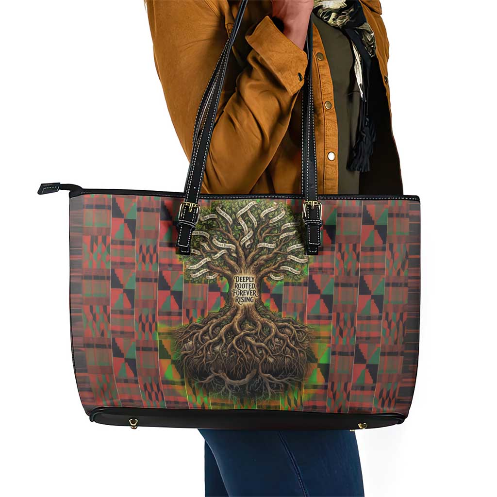 Black Heritage Tree Leather Tote Bag African Root Black History Kente Pattern