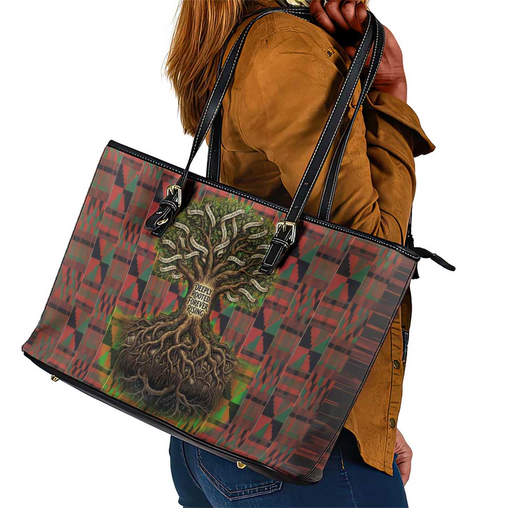 Black Heritage Tree Leather Tote Bag African Root Black History Kente Pattern