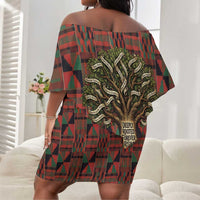 Black Heritage Tree Off Shoulder Short Dress African Root Black History Kente Pattern