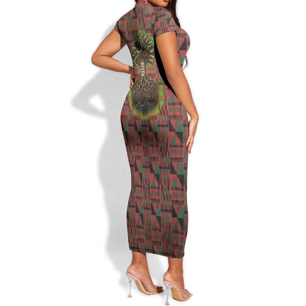 Black Heritage Tree Short Sleeve Bodycon Dress African Root Black History Kente Pattern