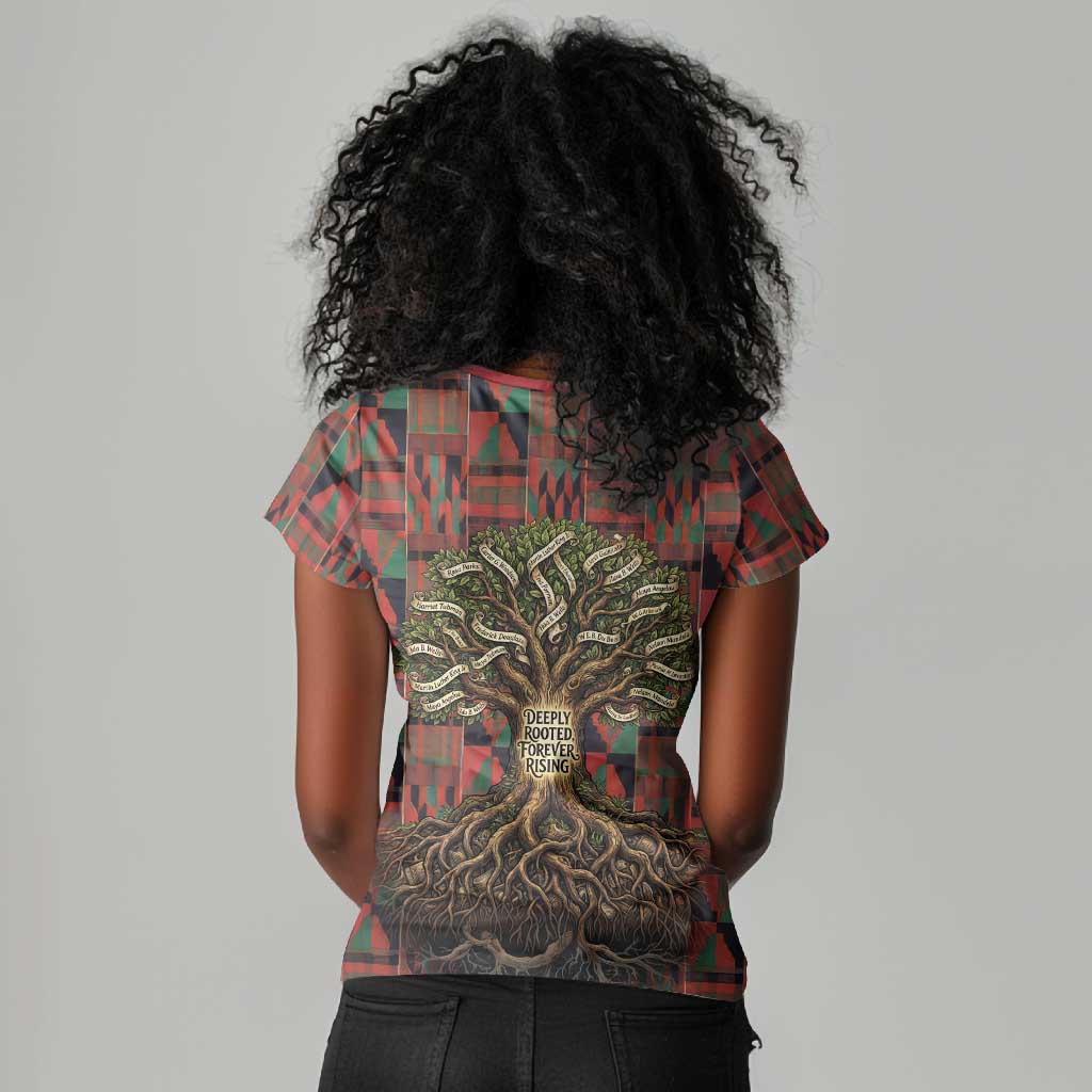 Black Heritage Tree Women V-Neck T-Shirt African Root Black History Kente Pattern