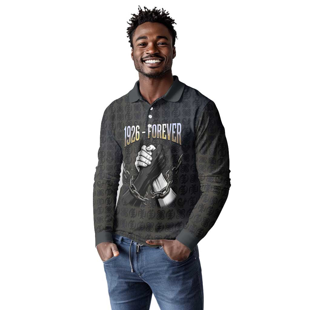 1926 Forever Black History Month Long Sleeve Polo Shirt Broken Chains Freedom Adinkra Symbol