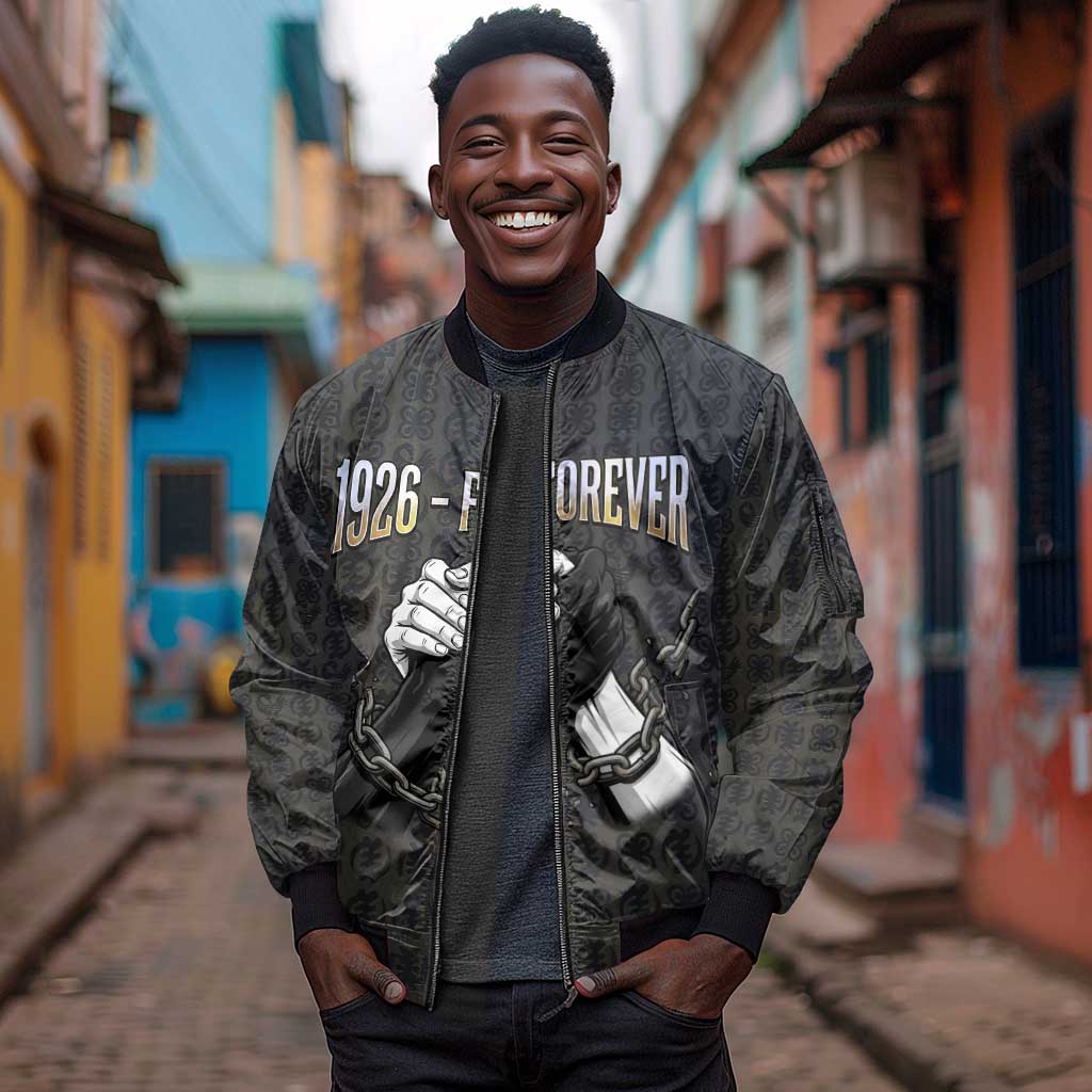 1926 Forever Black History Month Sleeve Zip Bomber Jacket Broken Chains Freedom Adinkra Symbol