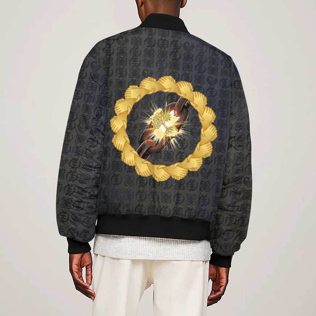 1926 Forever Black History Month Sleeve Zip Bomber Jacket Broken Chains Freedom Adinkra Symbol