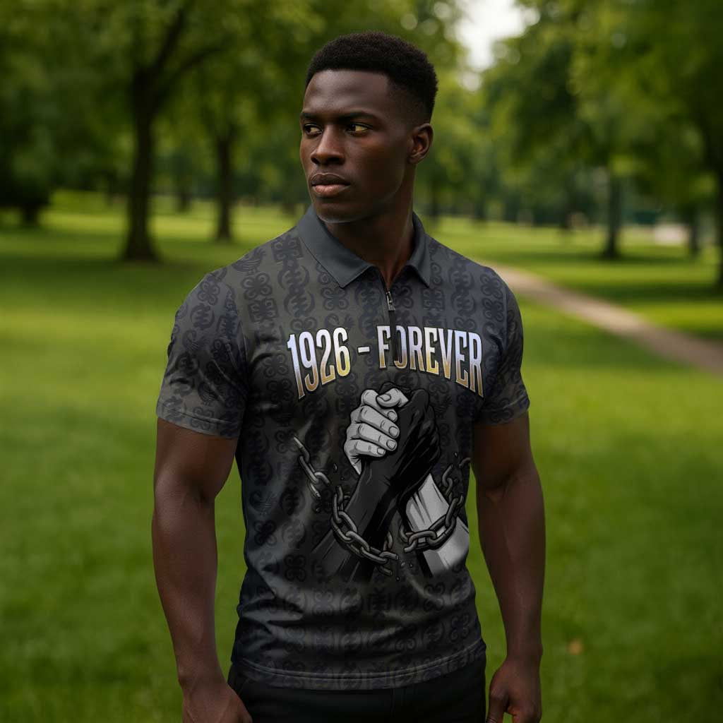 1926 Forever Black History Month Zipper Polo Shirt Broken Chains Freedom Adinkra Symbol