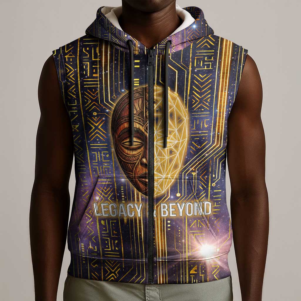 Afrofuturism Legacy Beyond Sleeveless Zip Hoodie African Astronaut Galaxy Mask