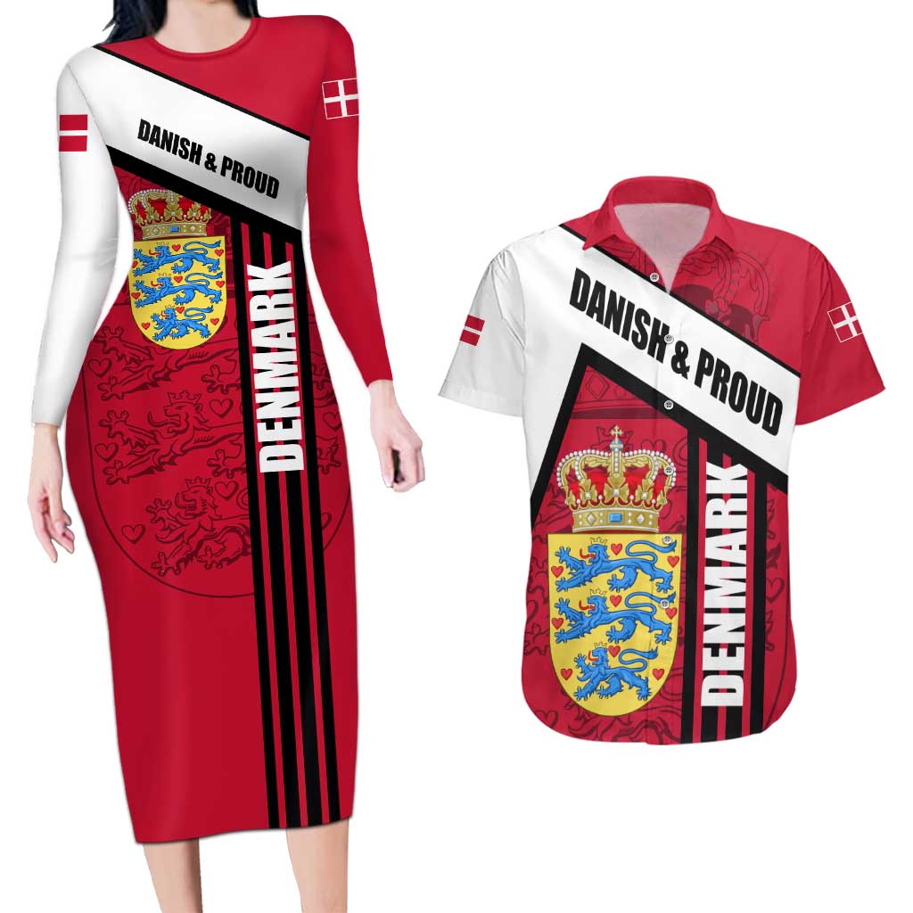 Denmark Couples Matching Long Sleeve Bodycon Dress and Hawaiian Shirt Danish Coat of Arms, National Flag, Bold Scandinavian Heritage Design