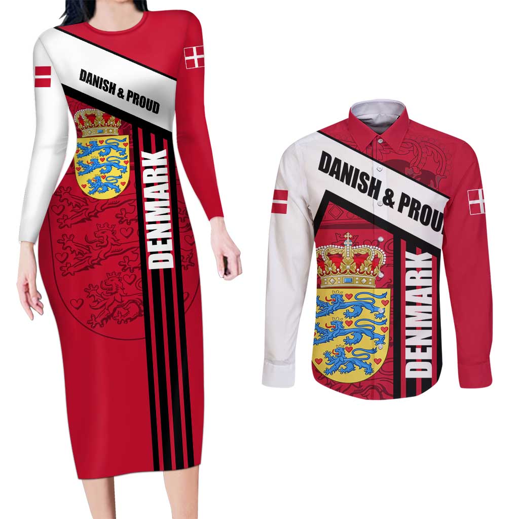 Denmark Couples Matching Long Sleeve Bodycon Dress and Long Sleeve Button Shirt Danish Coat of Arms, National Flag, Bold Scandinavian Heritage Design