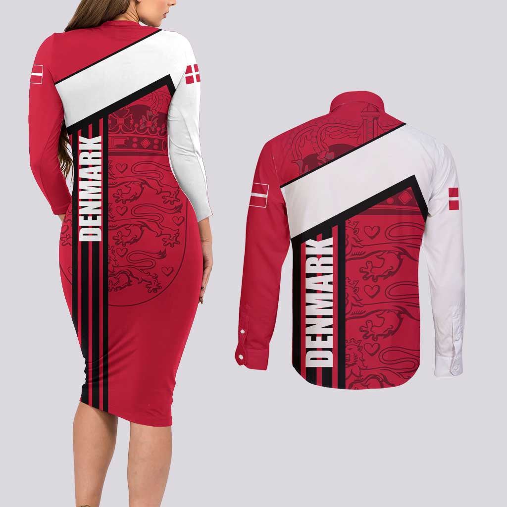 Denmark Couples Matching Long Sleeve Bodycon Dress and Long Sleeve Button Shirt Danish Coat of Arms, National Flag, Bold Scandinavian Heritage Design
