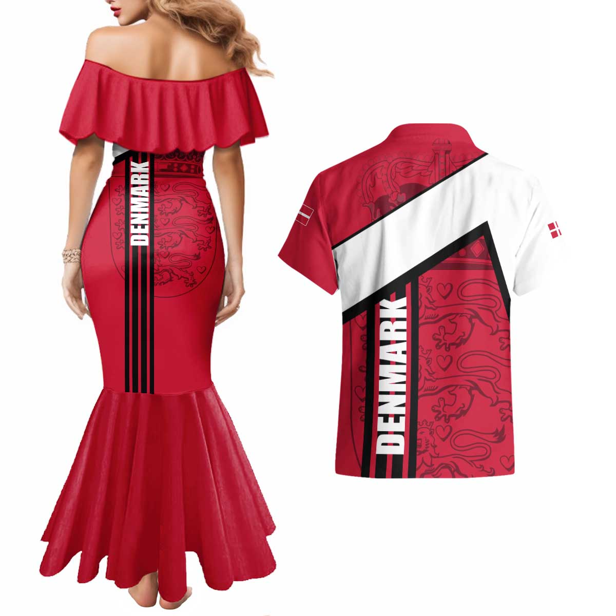 Denmark Couples Matching Mermaid Dress and Hawaiian Shirt Danish Coat of Arms, National Flag, Bold Scandinavian Heritage Design