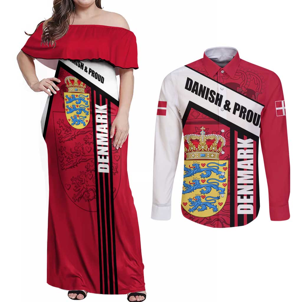 Denmark Couples Matching Off Shoulder Maxi Dress and Long Sleeve Button Shirt Danish Coat of Arms, National Flag, Bold Scandinavian Heritage Design