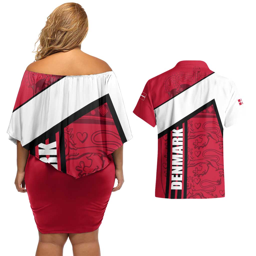 Denmark Couples Matching Off Shoulder Short Dress and Hawaiian Shirt Danish Coat of Arms, National Flag, Bold Scandinavian Heritage Design