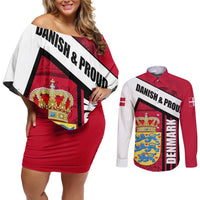 Denmark Couples Matching Off Shoulder Short Dress and Long Sleeve Button Shirt Danish Coat of Arms, National Flag, Bold Scandinavian Heritage Design