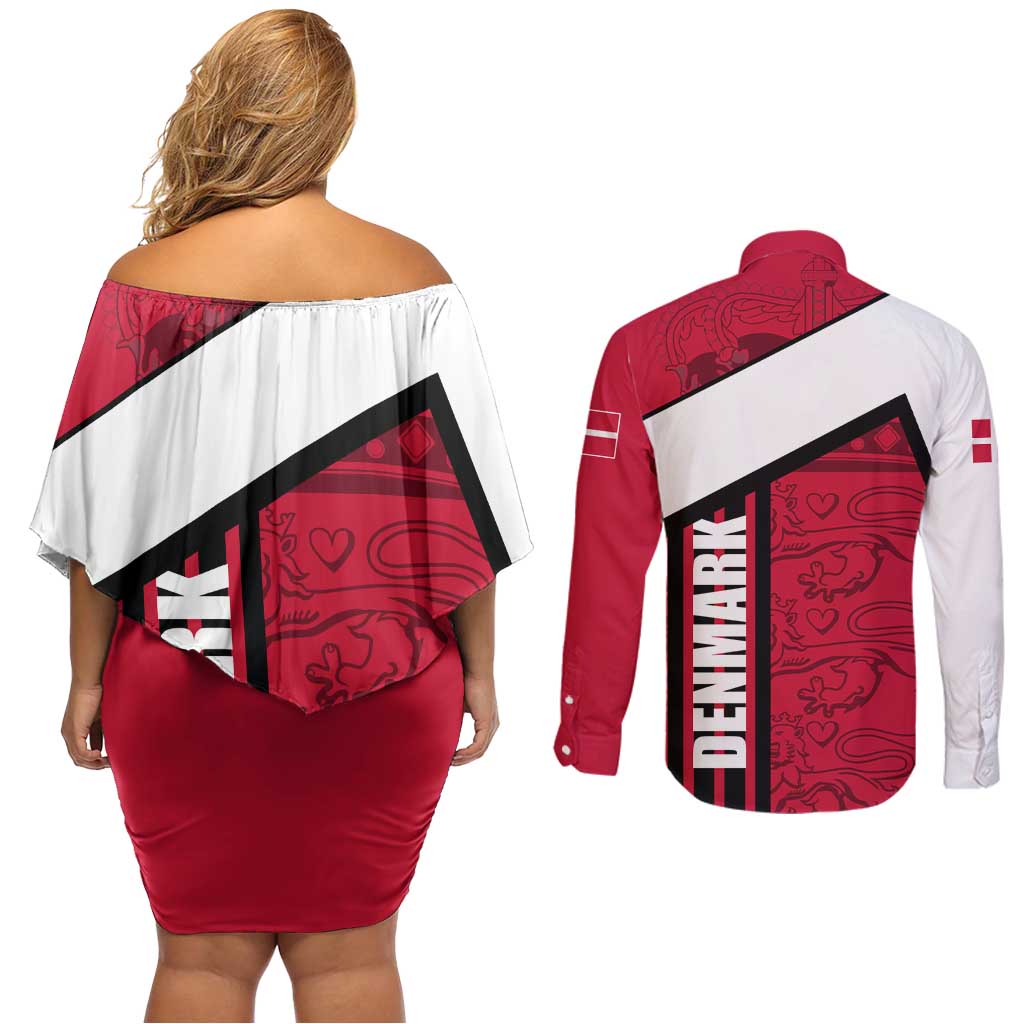 Denmark Couples Matching Off Shoulder Short Dress and Long Sleeve Button Shirt Danish Coat of Arms, National Flag, Bold Scandinavian Heritage Design