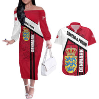 Denmark Couples Matching Off The Shoulder Long Sleeve Dress and Hawaiian Shirt Danish Coat of Arms, National Flag, Bold Scandinavian Heritage Design