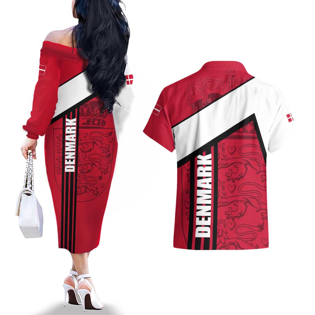 Denmark Couples Matching Off The Shoulder Long Sleeve Dress and Hawaiian Shirt Danish Coat of Arms, National Flag, Bold Scandinavian Heritage Design