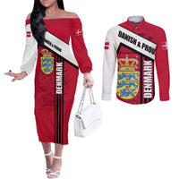 Denmark Couples Matching Off The Shoulder Long Sleeve Dress and Long Sleeve Button Shirt Danish Coat of Arms, National Flag, Bold Scandinavian Heritage Design