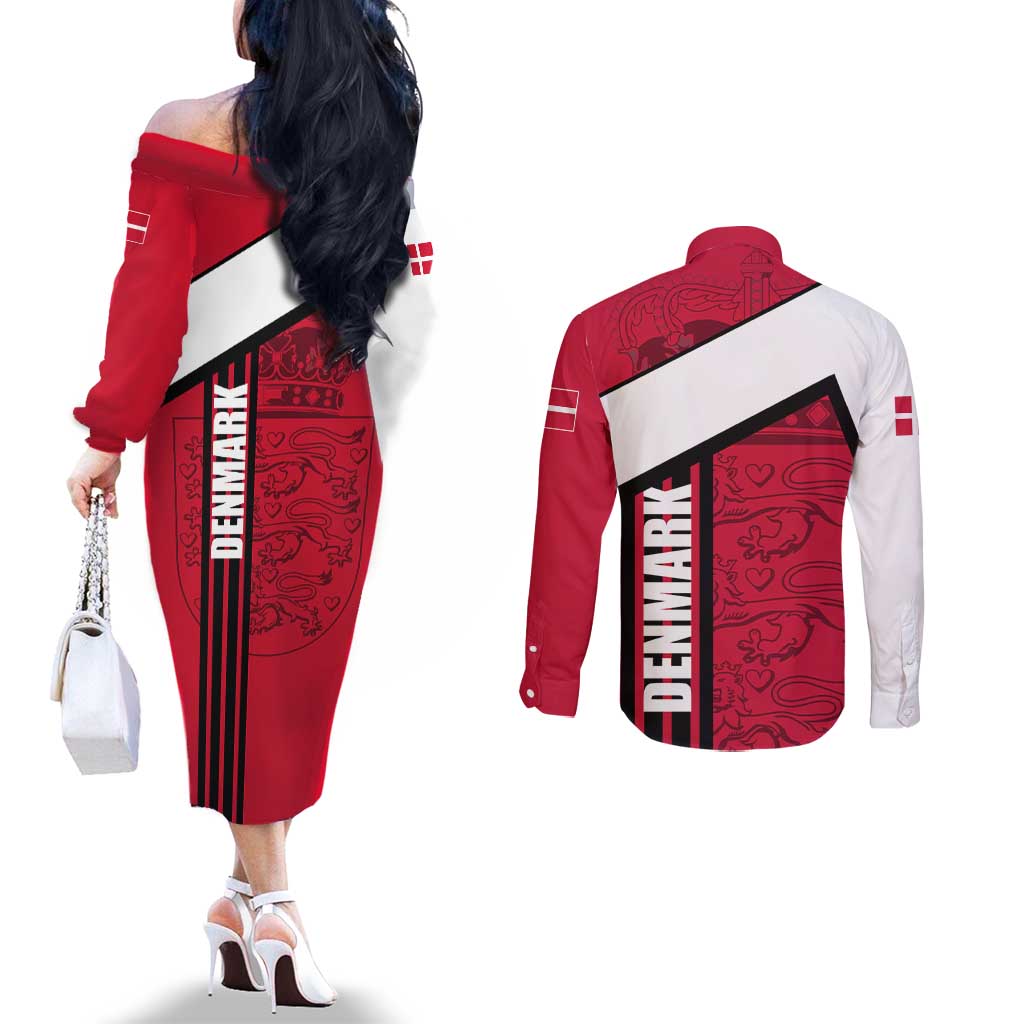 Denmark Couples Matching Off The Shoulder Long Sleeve Dress and Long Sleeve Button Shirt Danish Coat of Arms, National Flag, Bold Scandinavian Heritage Design