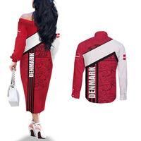 Denmark Couples Matching Off The Shoulder Long Sleeve Dress and Long Sleeve Button Shirt Danish Coat of Arms, National Flag, Bold Scandinavian Heritage Design