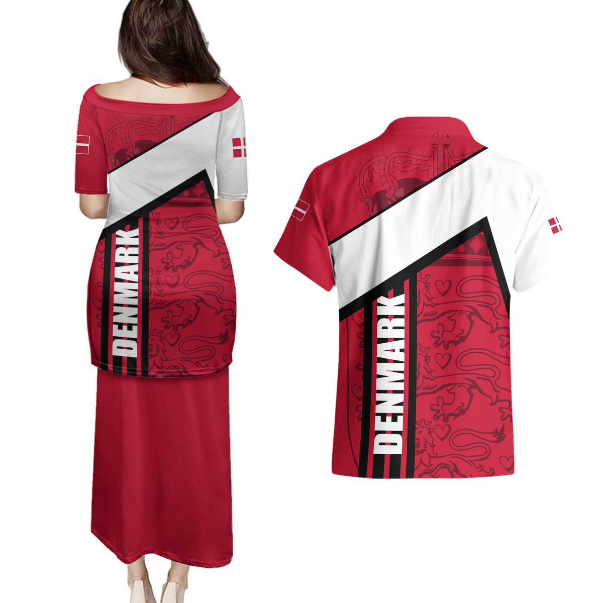 Denmark Couples Matching Puletasi and Hawaiian Shirt Danish Coat of Arms, National Flag, Bold Scandinavian Heritage Design