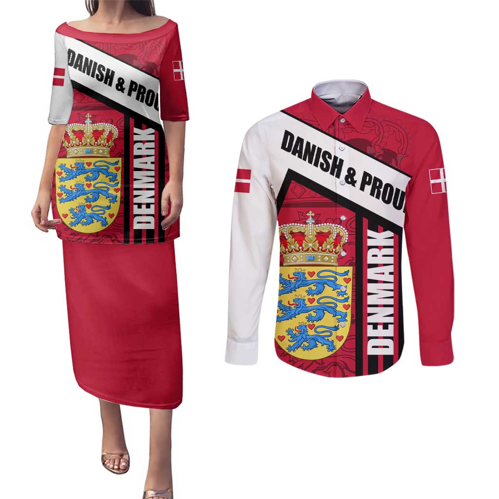 Denmark Couples Matching Puletasi and Long Sleeve Button Shirt Danish Coat of Arms, National Flag, Bold Scandinavian Heritage Design