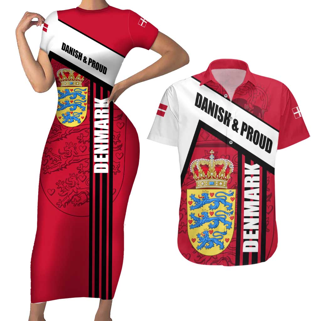 Denmark Couples Matching Short Sleeve Bodycon Dress and Hawaiian Shirt Danish Coat of Arms, National Flag, Bold Scandinavian Heritage Design
