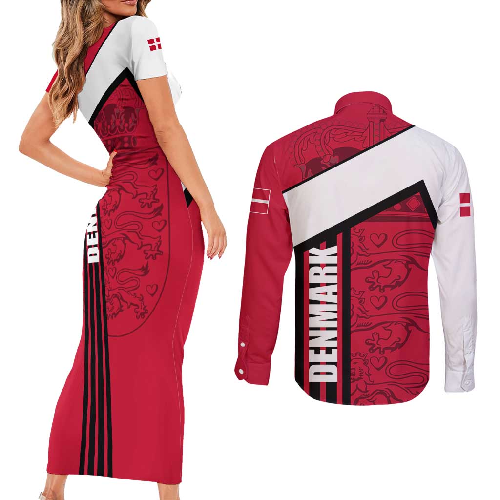 Denmark Couples Matching Short Sleeve Bodycon Dress and Long Sleeve Button Shirt Danish Coat of Arms, National Flag, Bold Scandinavian Heritage Design