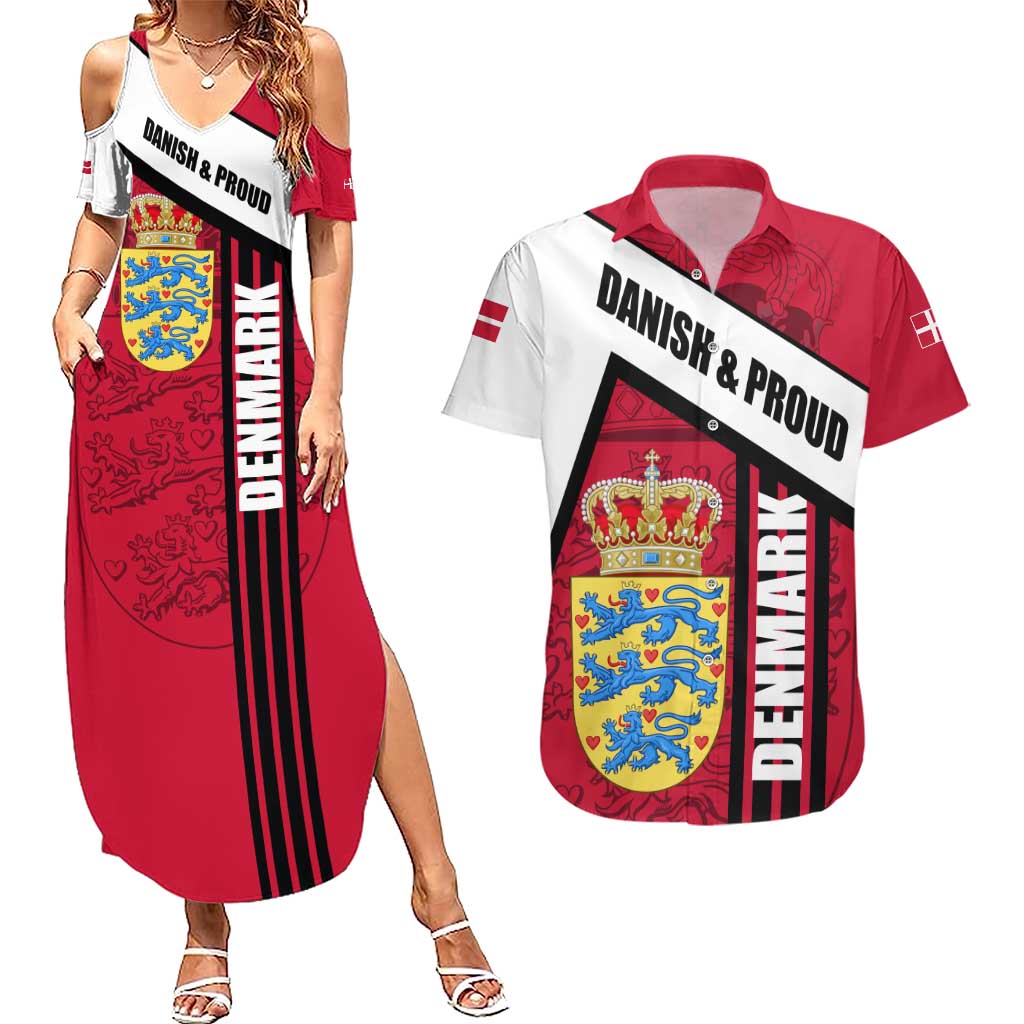 Denmark Couples Matching Summer Maxi Dress and Hawaiian Shirt Danish Coat of Arms, National Flag, Bold Scandinavian Heritage Design