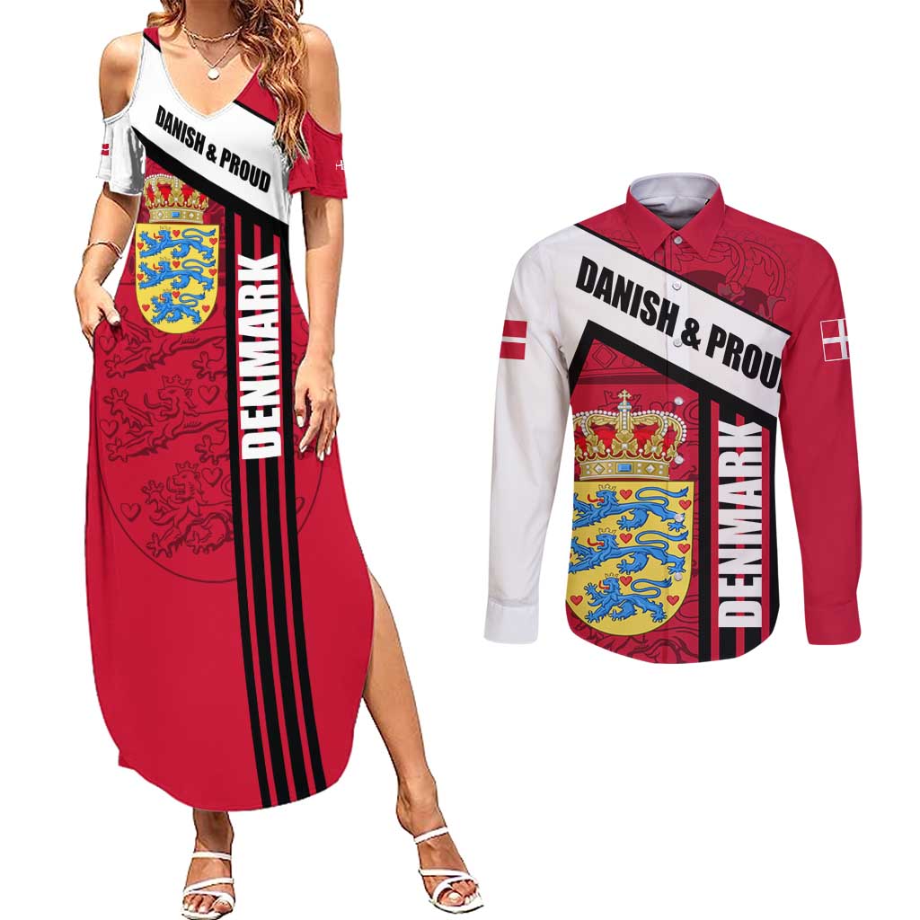 Denmark Couples Matching Summer Maxi Dress and Long Sleeve Button Shirt Danish Coat of Arms, National Flag, Bold Scandinavian Heritage Design