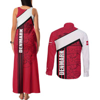 Denmark Couples Matching Tank Maxi Dress and Long Sleeve Button Shirt Danish Coat of Arms, National Flag, Bold Scandinavian Heritage Design