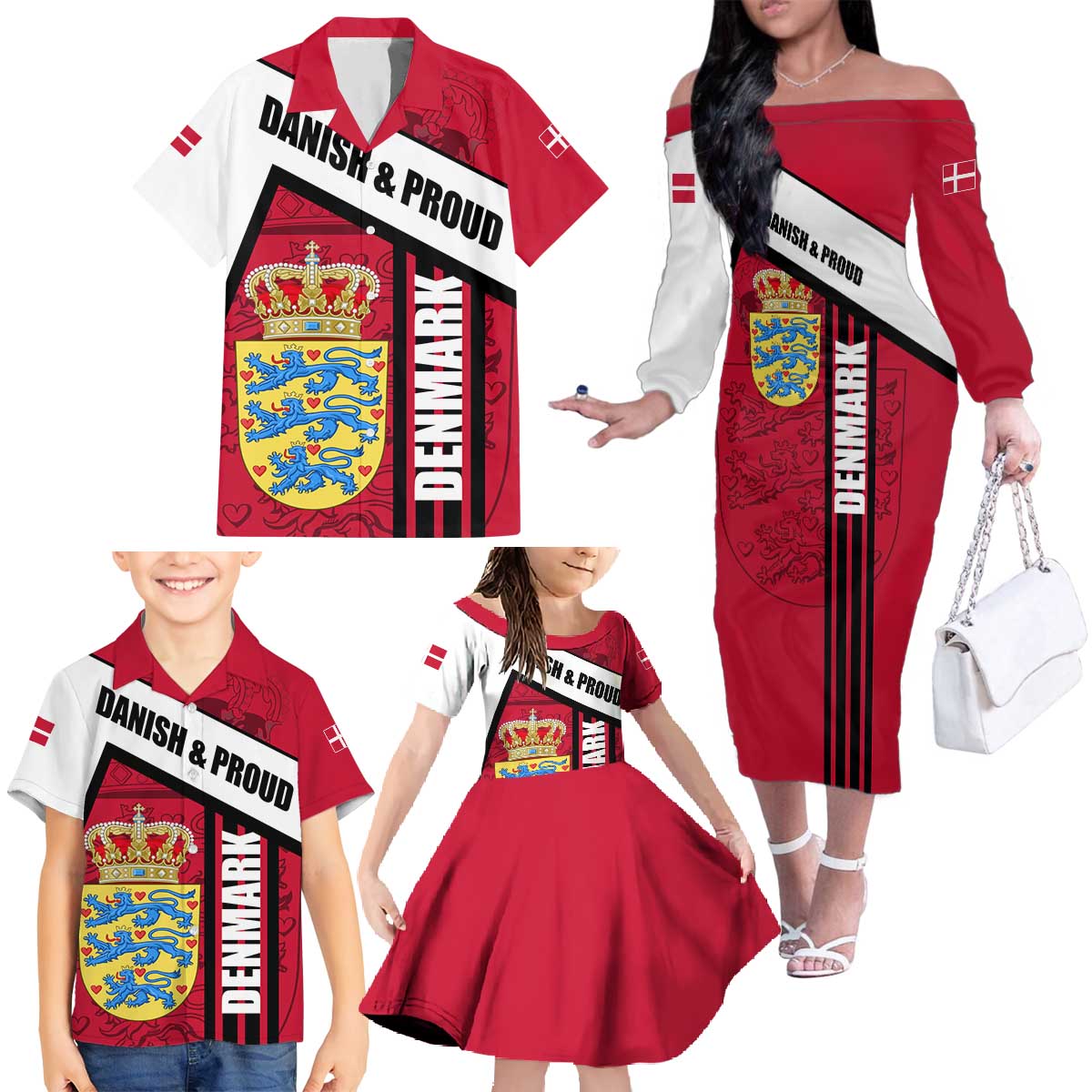 Denmark Family Matching Off The Shoulder Long Sleeve Dress and Hawaiian Shirt Danish Coat of Arms, National Flag, Bold Scandinavian Heritage Design