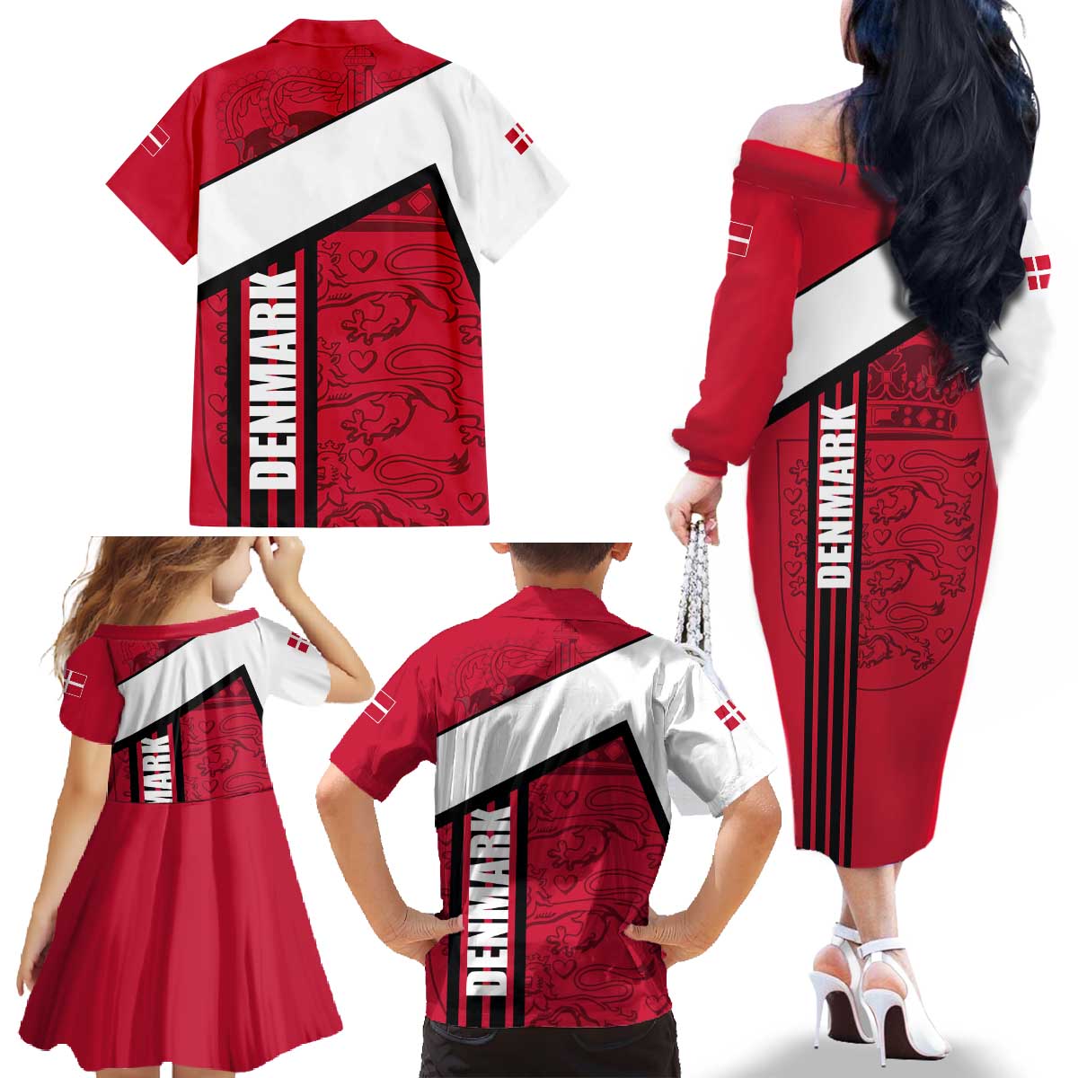 Denmark Family Matching Off The Shoulder Long Sleeve Dress and Hawaiian Shirt Danish Coat of Arms, National Flag, Bold Scandinavian Heritage Design