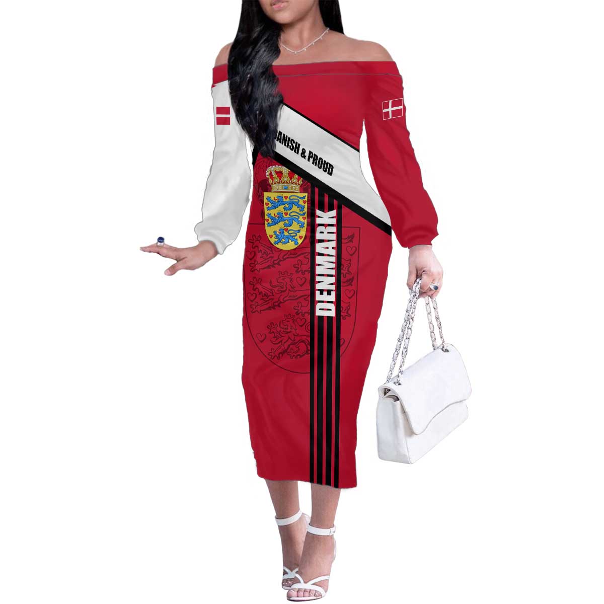 Denmark Family Matching Off The Shoulder Long Sleeve Dress and Hawaiian Shirt Danish Coat of Arms, National Flag, Bold Scandinavian Heritage Design