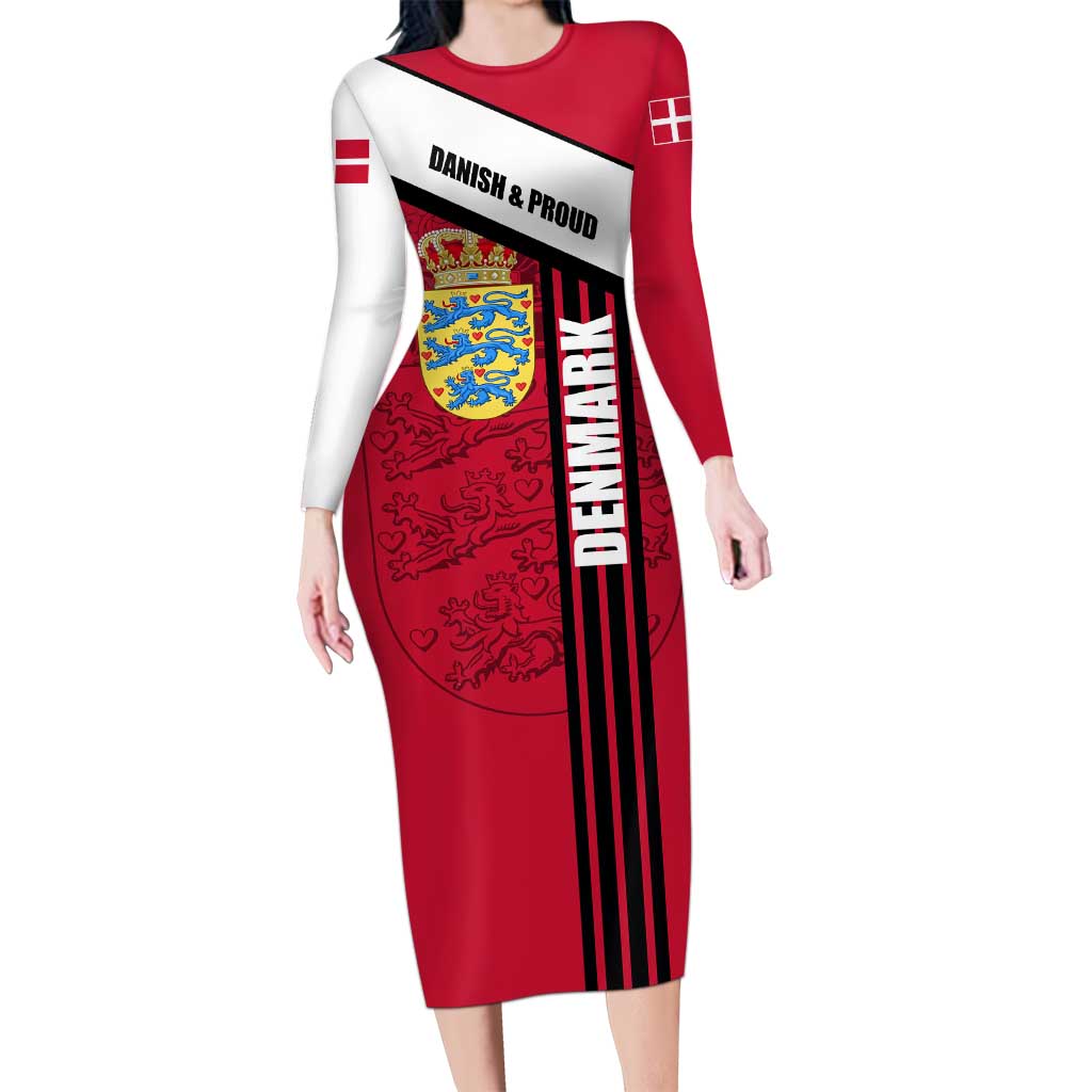 Denmark Long Sleeve Bodycon Dress Danish Coat of Arms, National Flag, Bold Scandinavian Heritage Design