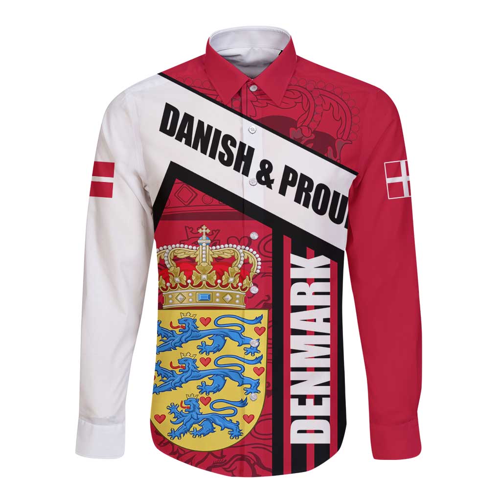 Denmark Long Sleeve Button Shirt Danish Coat of Arms, National Flag, Bold Scandinavian Heritage Design