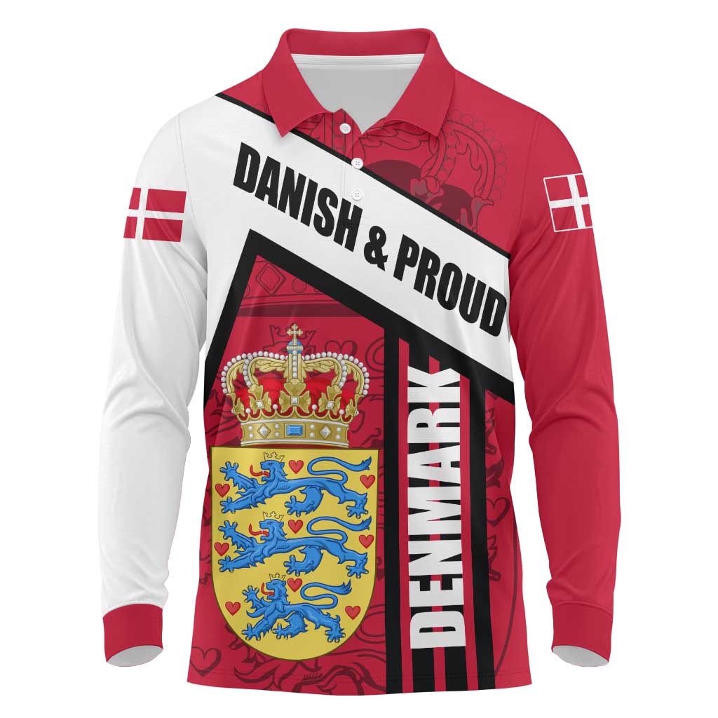Denmark Long Sleeve Polo Shirt Danish Coat of Arms, National Flag, Bold Scandinavian Heritage Design