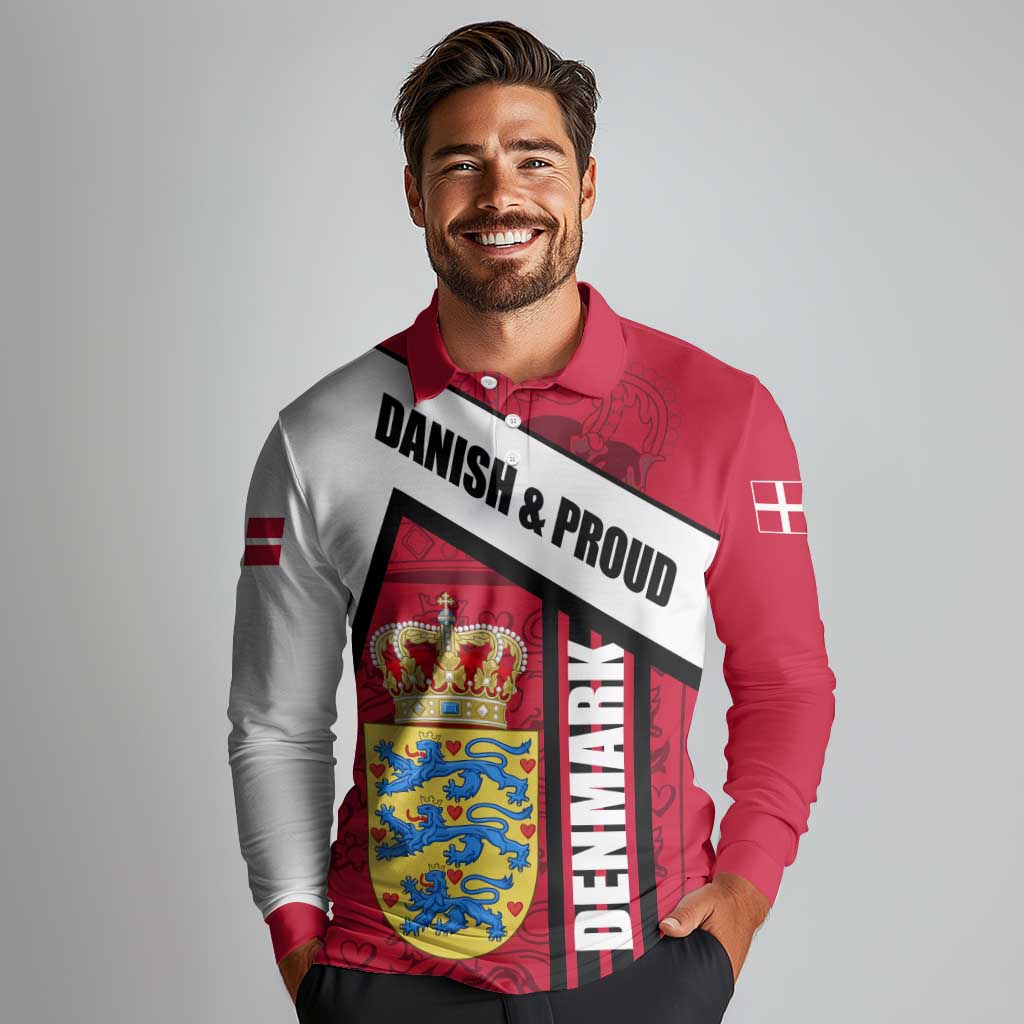 Denmark Long Sleeve Polo Shirt Danish Coat of Arms, National Flag, Bold Scandinavian Heritage Design