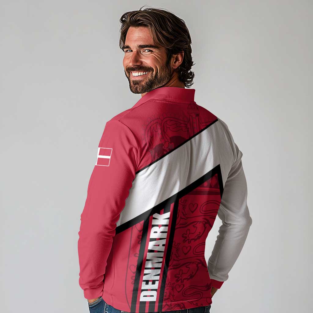 Denmark Long Sleeve Polo Shirt Danish Coat of Arms, National Flag, Bold Scandinavian Heritage Design