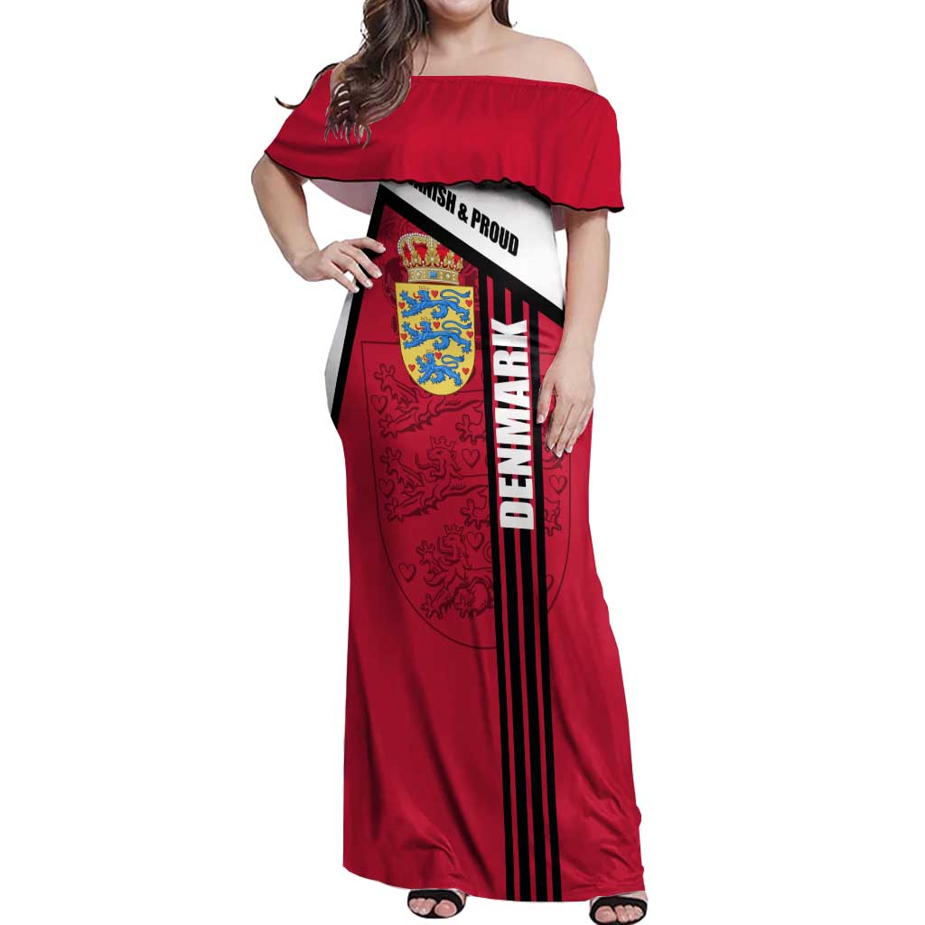 Denmark Off Shoulder Maxi Dress Danish Coat of Arms, National Flag, Bold Scandinavian Heritage Design