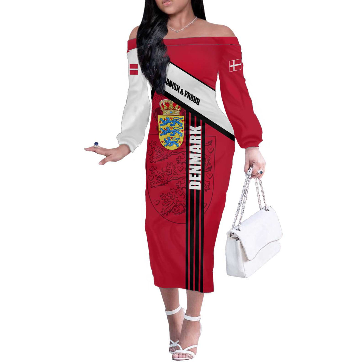 Denmark Off The Shoulder Long Sleeve Dress Danish Coat of Arms, National Flag, Bold Scandinavian Heritage Design