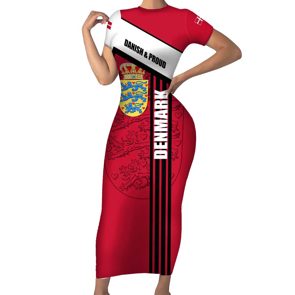 Denmark Short Sleeve Bodycon Dress Danish Coat of Arms, National Flag, Bold Scandinavian Heritage Design