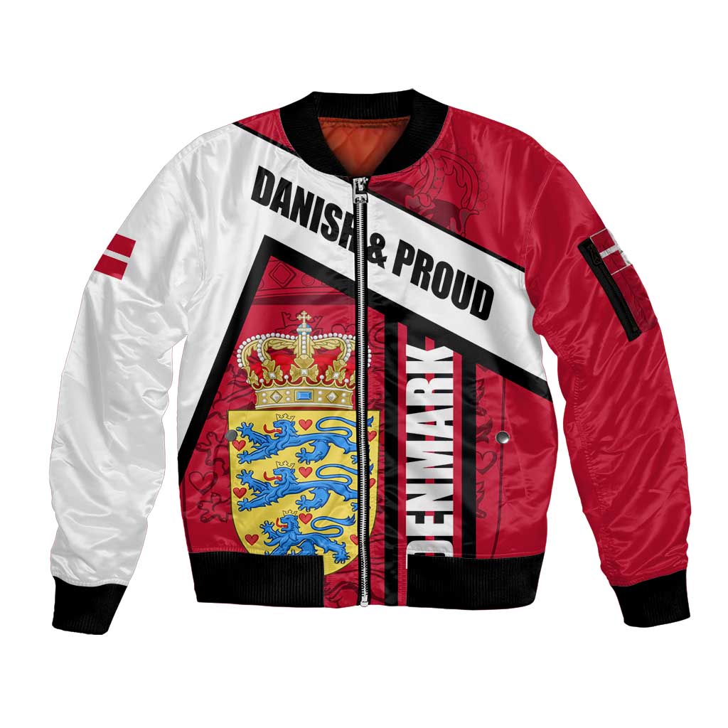 Denmark Sleeve Zip Bomber Jacket Danish Coat of Arms, National Flag, Bold Scandinavian Heritage Design