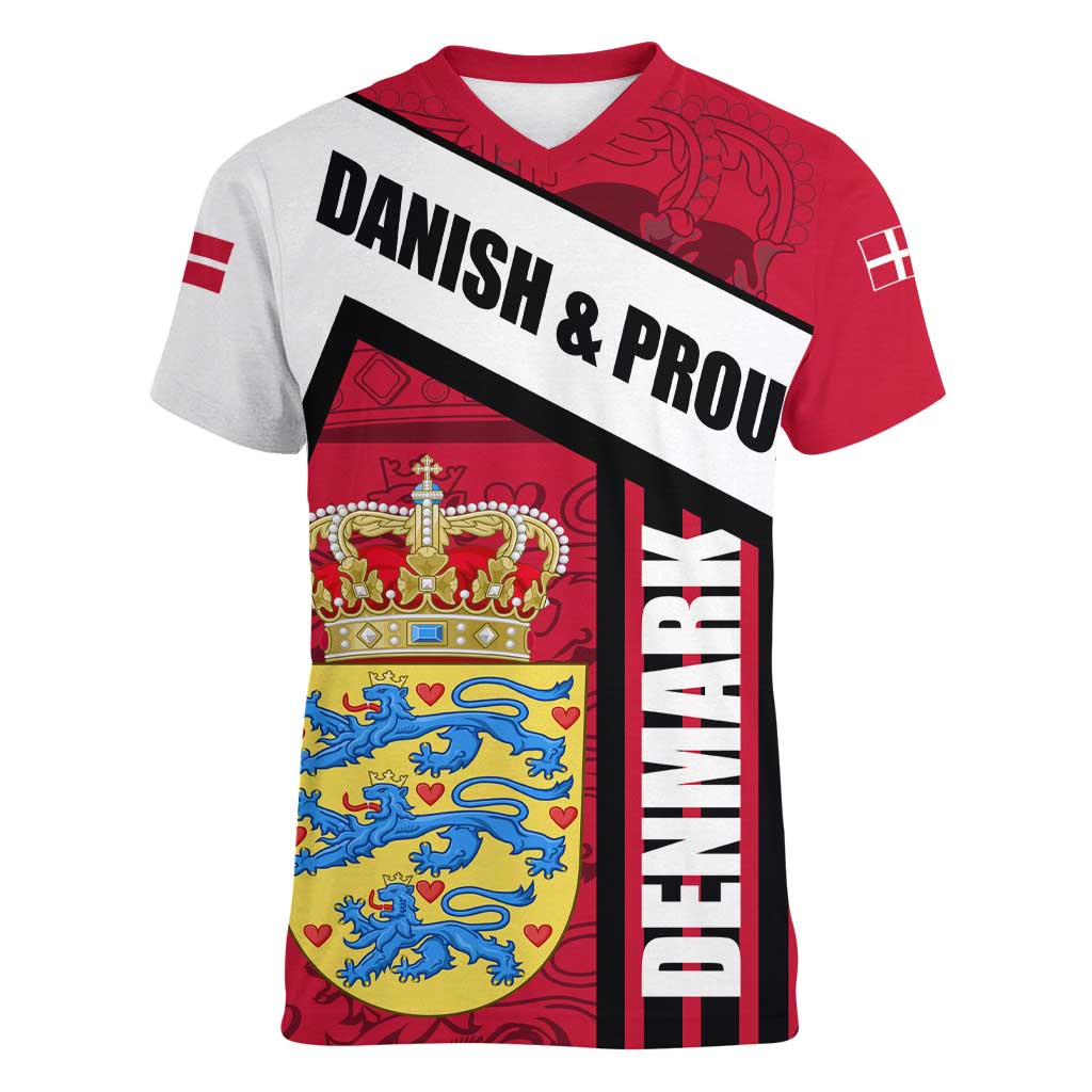 Denmark Women V-Neck T-Shirt Danish Coat of Arms, National Flag, Bold Scandinavian Heritage Design