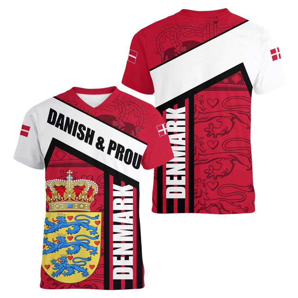 Denmark Women V-Neck T-Shirt Danish Coat of Arms, National Flag, Bold Scandinavian Heritage Design