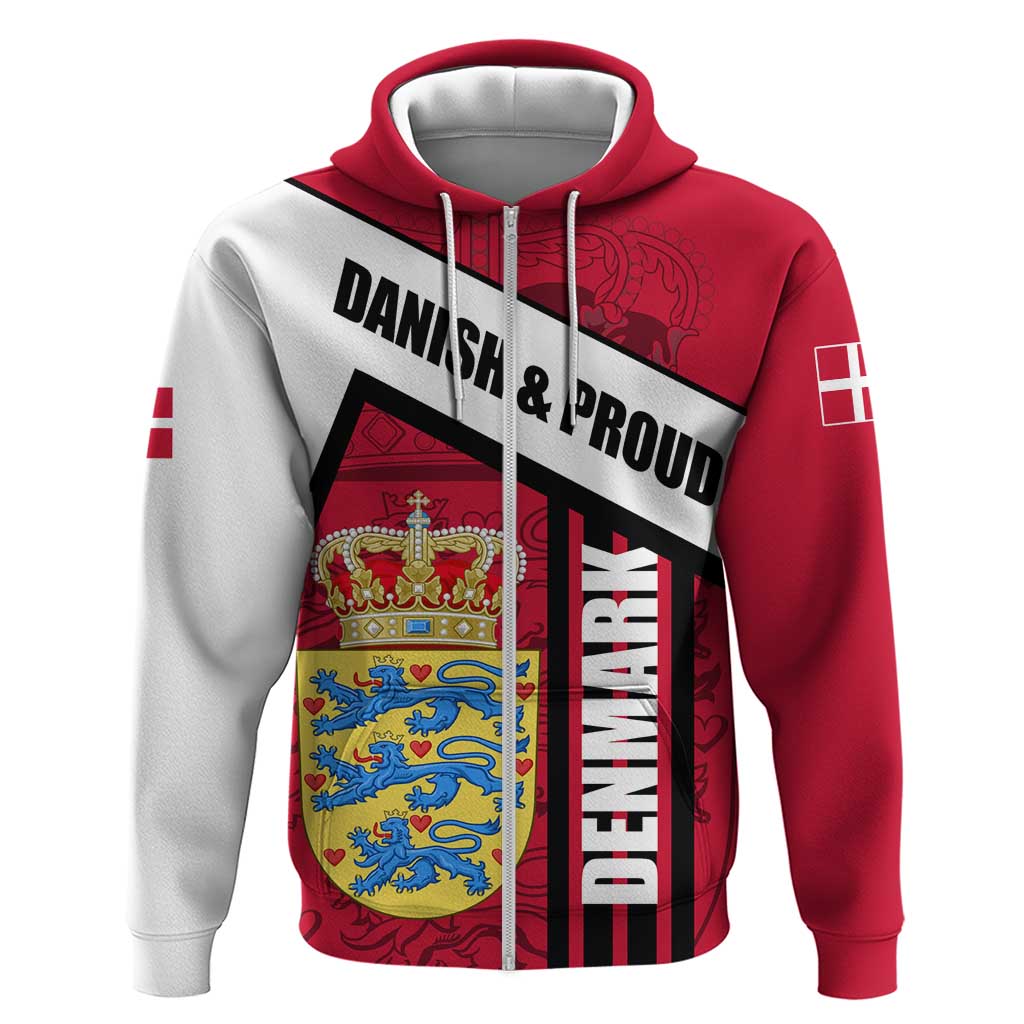 Denmark Zip Hoodie Danish Coat of Arms, National Flag, Bold Scandinavian Heritage Design
