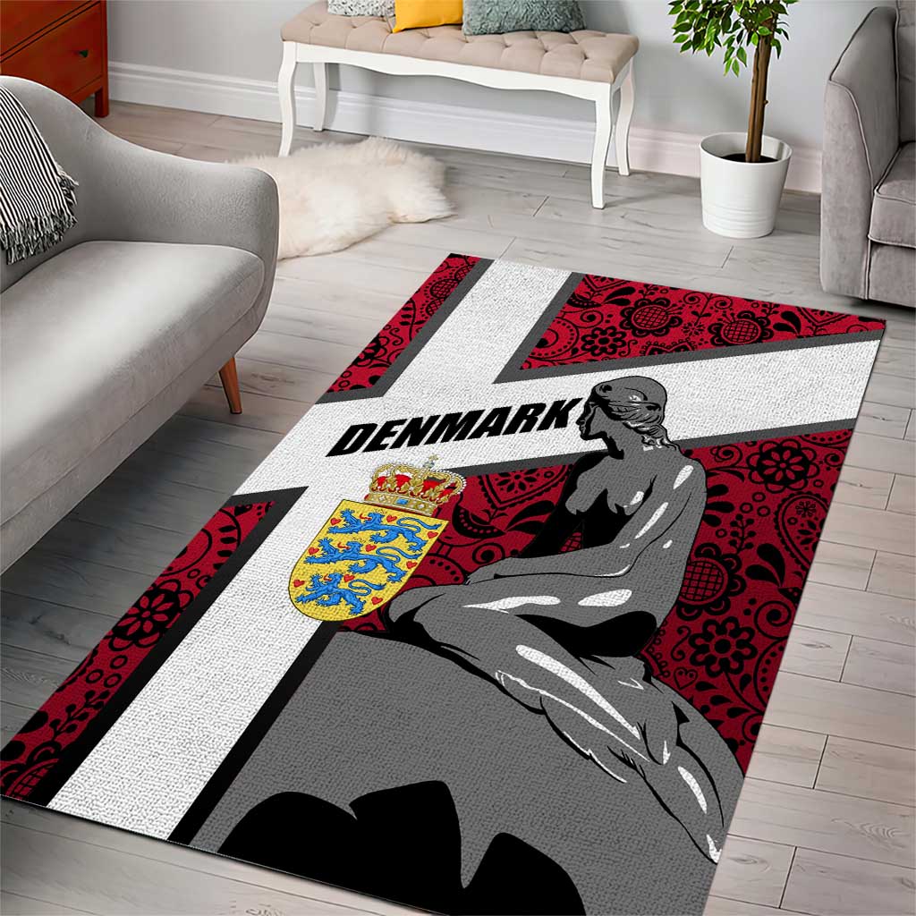 Denmark Area Rug with The Little Mermaid Statue, Danish Folk Patterns, National Heritage Pride