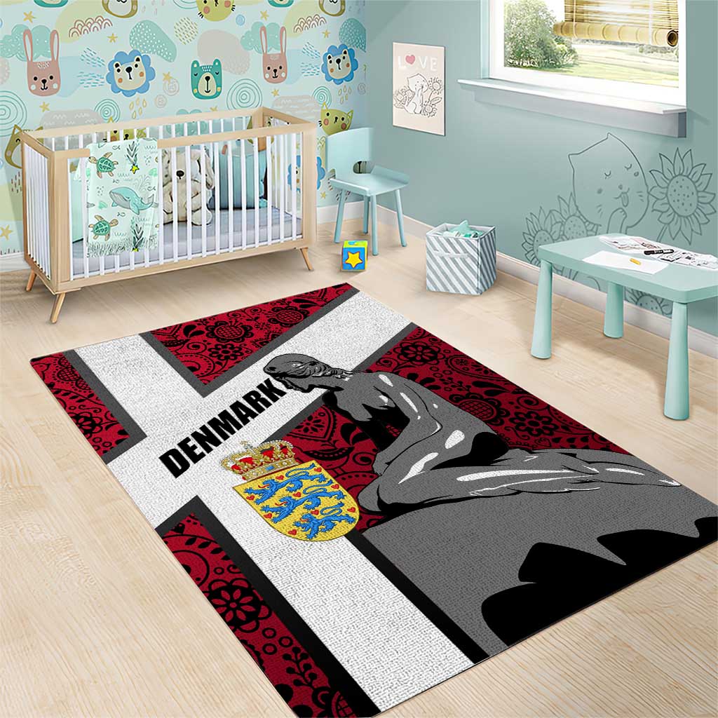 Denmark Area Rug with The Little Mermaid Statue, Danish Folk Patterns, National Heritage Pride