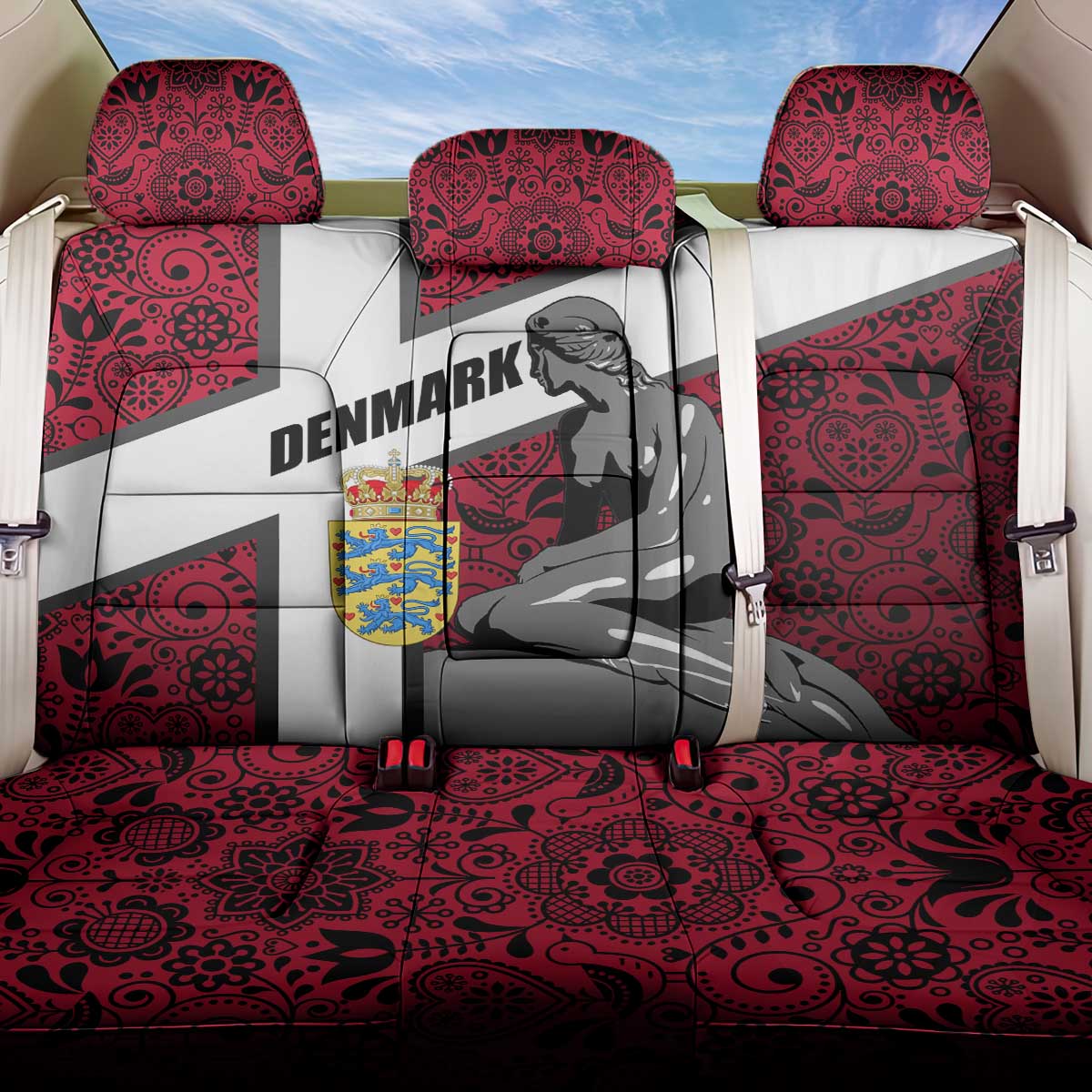 Denmark Back Car Seat Cover with The Little Mermaid Statue, Danish Folk Patterns, National Heritage Pride