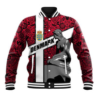 Denmark Baseball Jacket with The Little Mermaid Statue, Danish Folk Patterns, National Heritage Pride